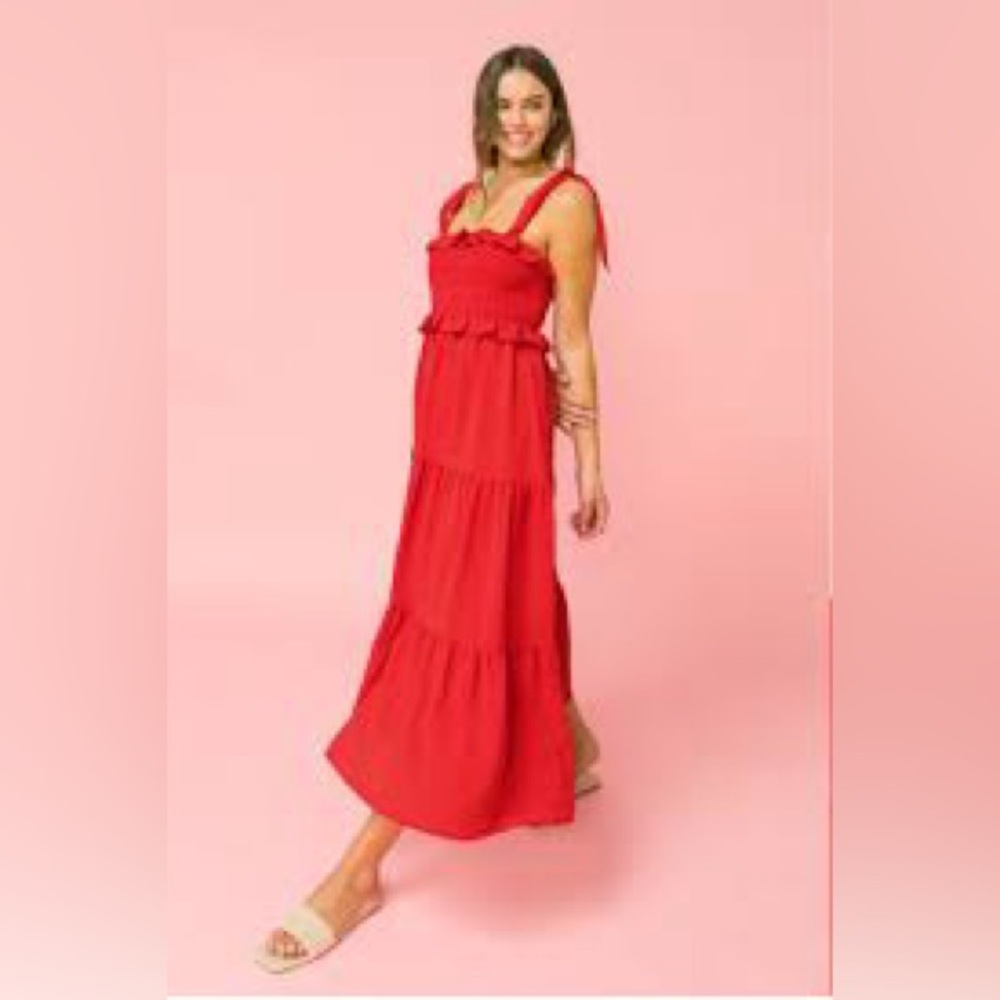 Flying Tomato Red Tiered Tie-Shoulder Dress